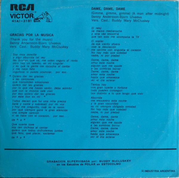 ABBA - En Castellano: Gracias Por La Música (Thank You For The Music) / Dame, Dame, Dame (Gimme, Gimme, Gimme) (7", Single) (Very Good (VG)) - Image 2