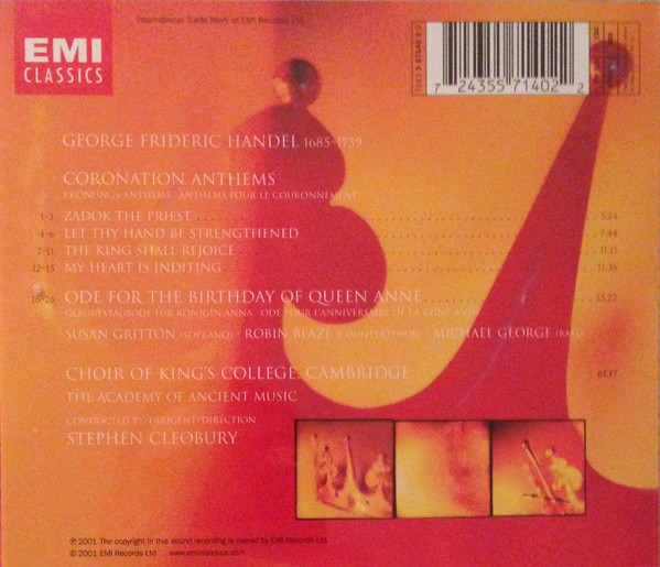 Handel*, Choir Of King's College, Cambridge*, The Academy Of Ancient Music, Stephen Cleobury - Coronation Anthems (CD, Album) (Near Mint (NM or M-)) - Image 2