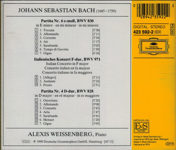 Johann Sebastian Bach, Alexis Weissenberg - Italienisches Konzert - Partiten Nos. 4 & 6 (CD, Album) (Near Mint (NM or M-)) - Image 2