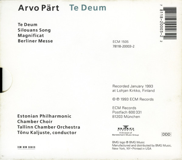 Arvo Pärt, Estonian Philharmonic Chamber Choir, Tallinn Chamber Orchestra - Te Deum (CD, Album, RP) (Near Mint (NM or M-)) - Image 2