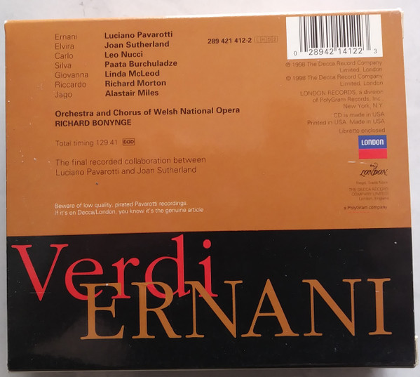 Verdi*, Pavarotti*, Sutherland*, Nucci*, Burchuladze*, Bonynge*, Orchestra* And Chorus Of Welsh National Opera* - Ernani (2xCD + Box, Album, Sli) (Near Mint (NM or M-)) - Image 2