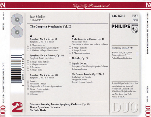 Sibelius* - Salvatore Accardo, Boston Symphony Orchestra, London Symphony Orchestra, Sir Colin Davis - The Complete Symphonies 2 - Symphonies Nos. 3, 6, 7 • The Violin Concerto • Finlandia • Tapiola • The Swan Of Tuonela (2xCD, Comp, RE, RM) (Near Mint (NM or M-)) - Image 2