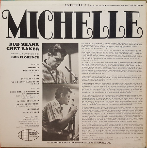 Bud Shank Featuring Chet Baker - Michelle (LP, Album) (Near Mint (NM or M-)) - Image 2