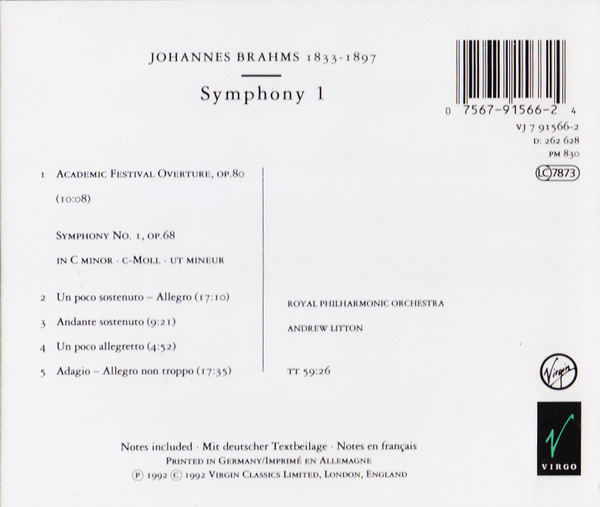 Johannes Brahms, Royal Philharmonic Orchestra, Andrew Litton - Symphony 1 (CD) (Near Mint (NM or M-)) - Image 2