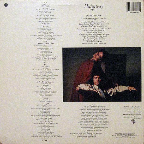 David Sanborn - Hideaway (LP, Album, Don) (Near Mint (NM or M-)) - Image 2