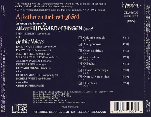 Abbess Hildegard Of Bingen*, Gothic Voices (2) With Emma Kirkby Directed By Christopher Page - A Feather On The Breath Of God (CD, Album, RE) (Near Mint (NM or M-)) - Image 2