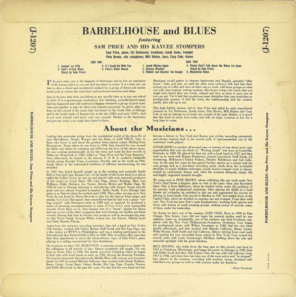 Sam Price And His Kaycee Stompers - Barrelhouse And Blues (LP, Album) (Very Good (VG)) - Image 2