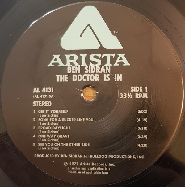 Ben Sidran - The Doctor Is In (LP, Album, Wad) (Very Good Plus (VG+)) - Image 5