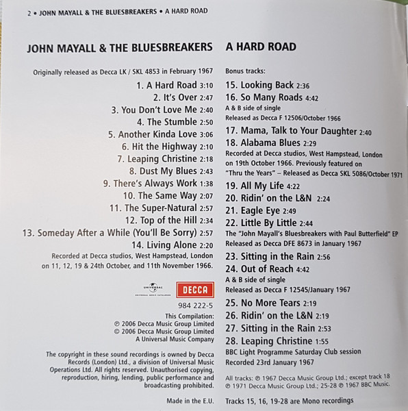 John Mayall And The Bluesbreakers* - A Hard Road (CD, Album, Mono, RE, RM, Red) (Near Mint (NM or M-)) - Image 4