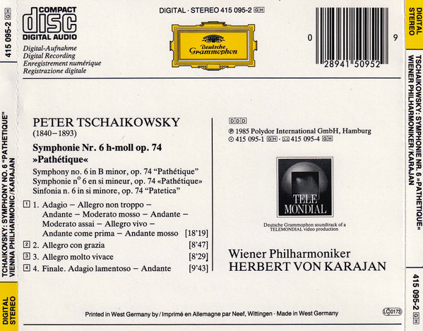 Tschaikowsky* / Wiener Philharmoniker / Herbert von Karajan - Symphonie No.6 »Pathetique« (CD, Album) (Near Mint (NM or M-)) - Image 2
