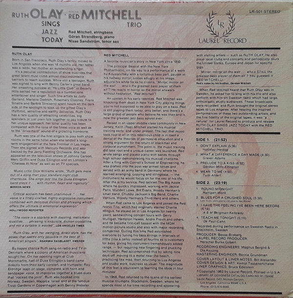 Ruth Olay With The Red Mitchell Trio - Sings Jazz Today (LP) (Very Good Plus (VG+)) - Image 2