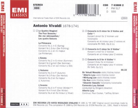 Vivaldi*, Yehudi Menuhin, Camerata Lysy*, Alberto Lysy - Le Quattro Stagioni (CD, Comp) (Near Mint (NM or M-)) - Image 2
