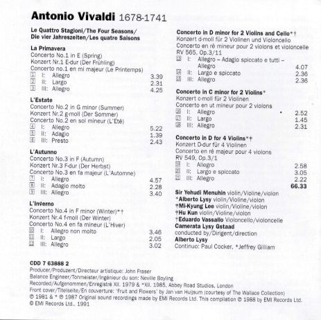 Vivaldi*, Yehudi Menuhin, Camerata Lysy*, Alberto Lysy - Le Quattro Stagioni (CD, Comp) (Near Mint (NM or M-)) - Image 3