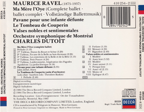 Ravel*, Orchestre Symphonique De Montréal, Charles Dutoit - Ma Mère L'Oye - Pavane Pour Une Infante Défunte - Le Tombeau De Couperin - Valses Nobles Et Sentimentales (CD) (Near Mint (NM or M-)) - Image 2