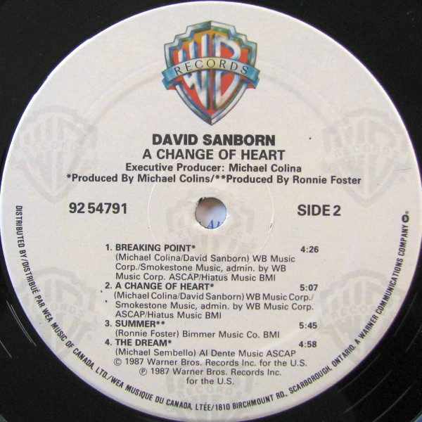David Sanborn - A Change Of Heart (LP, Album) (Near Mint (NM or M-)) - Image 4