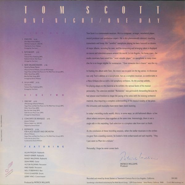 Tom Scott - One Night / One Day (LP, Album) (Very Good Plus (VG+)) - Image 2