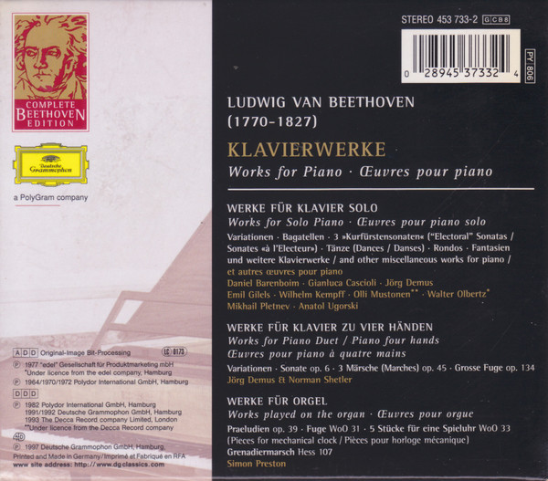 Beethoven* - Daniel Barenboim, Gianluca Cascioli, Jörg Demus, Emil Gilels, Wilhelm Kempff, Olli Mustonen, Walter Olbertz, Mikhail Pletnev, Anatol Ugorski, Norman Shetler, Simon Preston - Klavierwerke = Works For Piano = Oeuvres pour Piano (Box, Comp, Sli + 8xCD, Comp, RE, RM) (Near Mint (NM or M-)) - Image 2