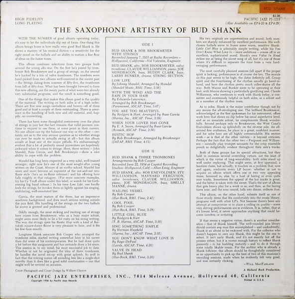 Bud Shank - The Saxophone Artistry Of Bud Shank (LP, Album, Comp, Mono, RM) (Very Good Plus (VG+)) - Image 3