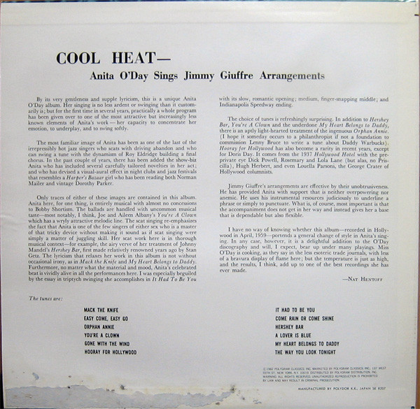 Anita O'Day Sings Arrangements By Jimmy Giuffre - Cool Heat (LP, Album, RE) (Near Mint (NM or M-)) - Image 2