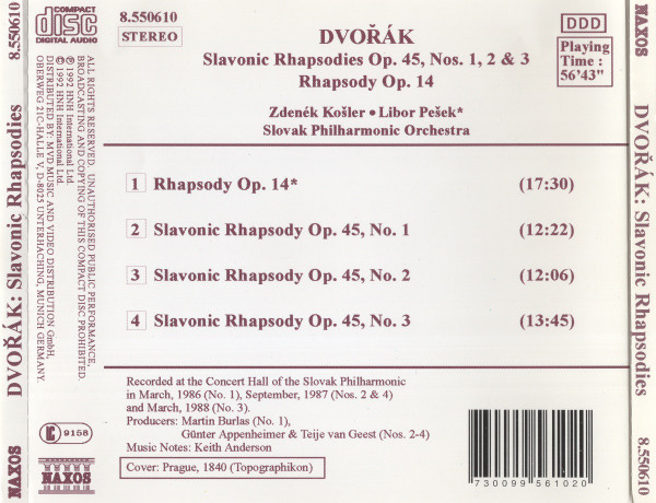 Dvořák*, Zdeněk Košler • Libor Pešek, Slovak Philharmonic Orchestra - Slavonic Rhapsodies Op.45, Nos.1-3 / Rhapsody Op.14 (CD) (Near Mint (NM or M-)) - Image 2