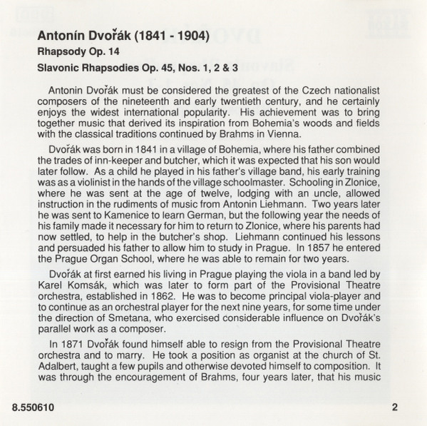 Dvořák*, Zdeněk Košler • Libor Pešek, Slovak Philharmonic Orchestra - Slavonic Rhapsodies Op.45, Nos.1-3 / Rhapsody Op.14 (CD) (Near Mint (NM or M-)) - Image 5