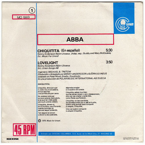 ABBA - Chiquitita (Cantado En Español) / Lovelight (7", Single) (Very Good Plus (VG+)) - Image 2