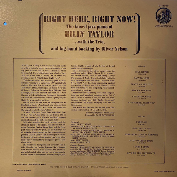 Billy Taylor - Right Here, Right Now! (LP, Album) (Very Good Plus (VG+)) - Image 2
