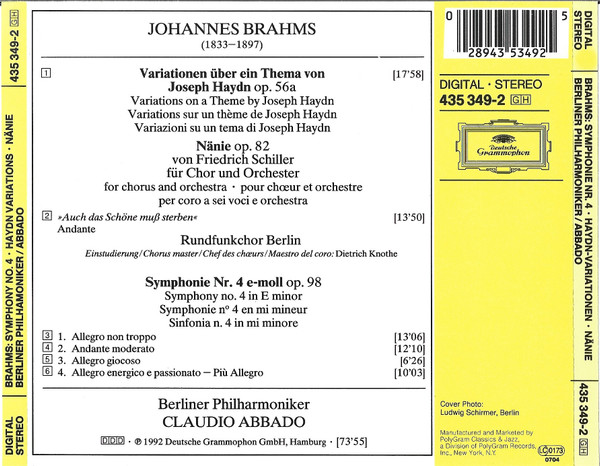 Brahms*, Rundfunkchor Berlin, Berliner Philharmoniker • Claudio Abbado - Symphonie No. 4 / Haydn-Variationen / Nänie (CD, Album) (Near Mint (NM or M-)) - Image 2