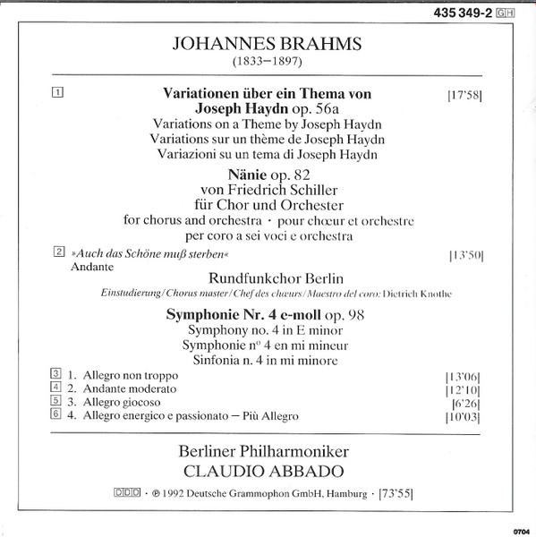 Brahms*, Rundfunkchor Berlin, Berliner Philharmoniker • Claudio Abbado - Symphonie No. 4 / Haydn-Variationen / Nänie (CD, Album) (Near Mint (NM or M-)) - Image 4