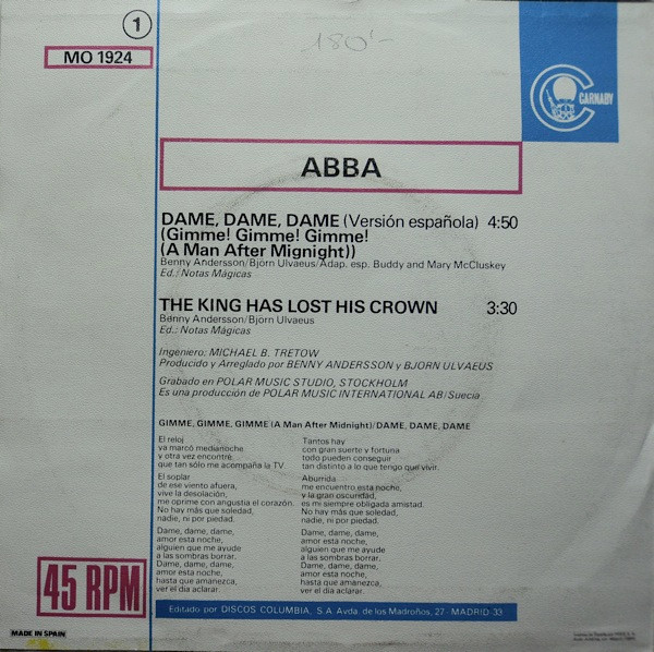 ABBA - Dame! Dame! Dame! = Gimme! Gimme! Gimme! (Cantado En Español) (7", Single) (Very Good Plus (VG+)) - Image 3