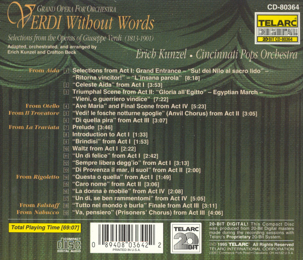 Verdi*, Erich Kunzel, Cincinnati Pops Orchestra - Verdi Without Words (Grand Opera For Orchestra) (CD, Album) (Near Mint (NM or M-)) - Image 2