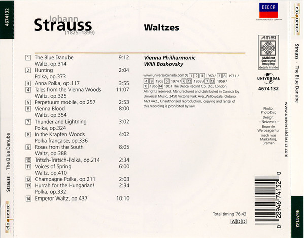Johann Strauss* - Vienna Philharmonic*, Willi Boskovsky - Waltzes: The Blue Danube - Roses From The South - Vienna Blood (CD, Comp) (Near Mint (NM or M-)) - Image 2