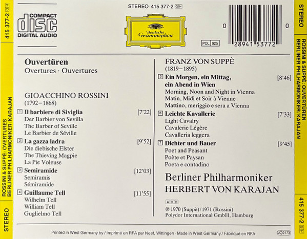 Rossini*, Suppé* - Berliner Philharmoniker, Herbert von Karajan - Ouvertüren (CD, Comp, RE, PMD) (Near Mint (NM or M-)) - Image 2