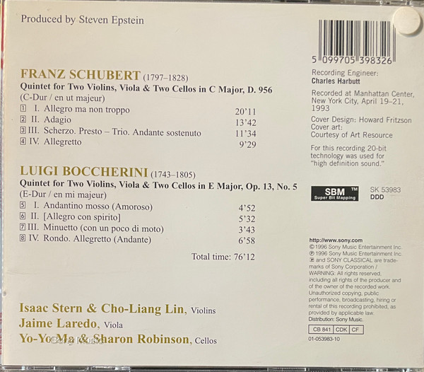 Schubert*, Boccherini*, Isaac Stern, Cho-Liang Lin, Jaime Laredo, Yo-Yo Ma, Sharon Robinson (2) - Quintets (CD, Album) (Near Mint (NM or M-)) - Image 2