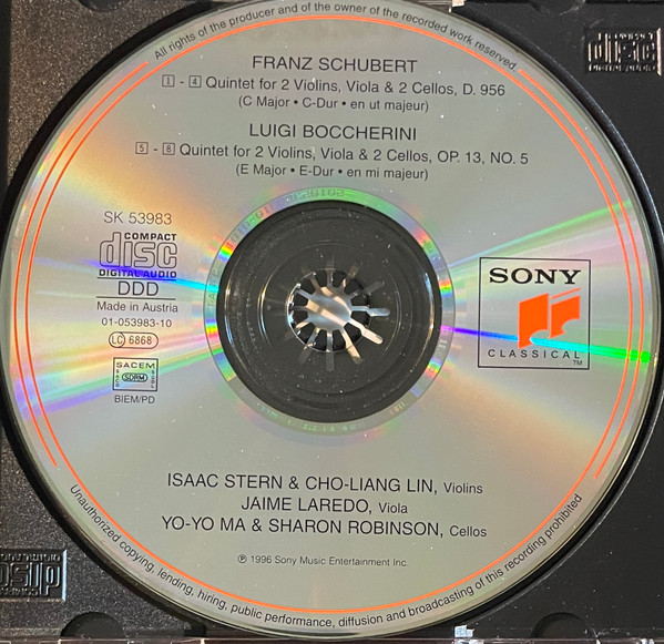 Schubert*, Boccherini*, Isaac Stern, Cho-Liang Lin, Jaime Laredo, Yo-Yo Ma, Sharon Robinson (2) - Quintets (CD, Album) (Near Mint (NM or M-)) - Image 3