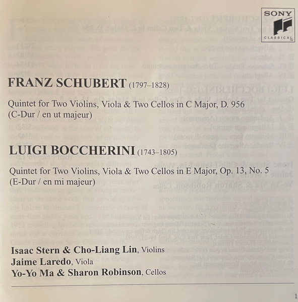 Schubert*, Boccherini*, Isaac Stern, Cho-Liang Lin, Jaime Laredo, Yo-Yo Ma, Sharon Robinson (2) - Quintets (CD, Album) (Near Mint (NM or M-)) - Image 4