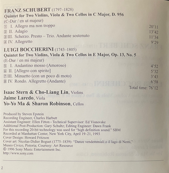 Schubert*, Boccherini*, Isaac Stern, Cho-Liang Lin, Jaime Laredo, Yo-Yo Ma, Sharon Robinson (2) - Quintets (CD, Album) (Near Mint (NM or M-)) - Image 5