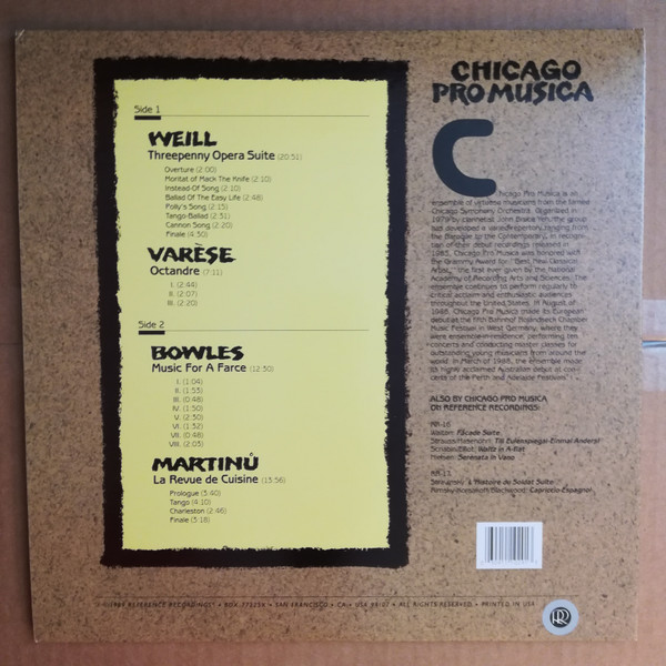 Kurt Weill, Edgard Varèse, Paul Bowles, Bohuslav Martinů, Chicago Pro Musica - Weill-Varèse-Bowles-Martinů (LP) (Near Mint (NM or M-)) - Image 2