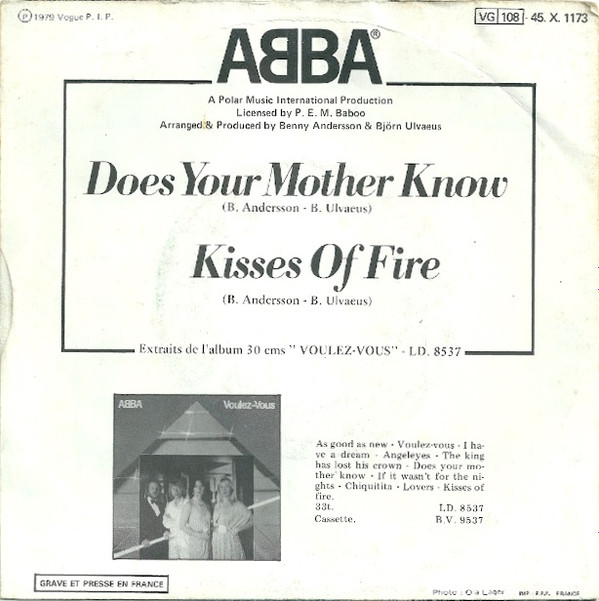 ABBA - Does Your Mother Know / Kisses Of Fire (7", Single) (Very Good (VG)) - Image 2