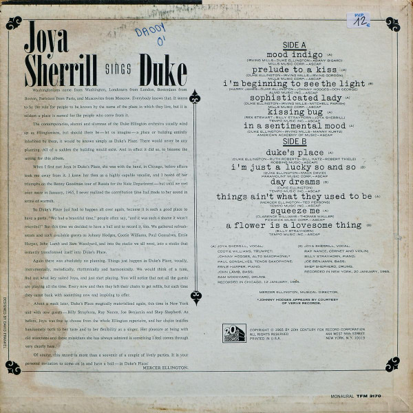 Joya Sherrill - Joya Sherrill Sings Duke (LP, Album) (Near Mint (NM or M-)) - Image 2