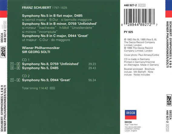 Schubert*, Wiener Philharmoniker, Sir Georg Solti* - The 3 Great Symphonies - Symphonies 5, 8 & 9 (2xCD, Comp, RM) (Near Mint (NM or M-)) - Image 2