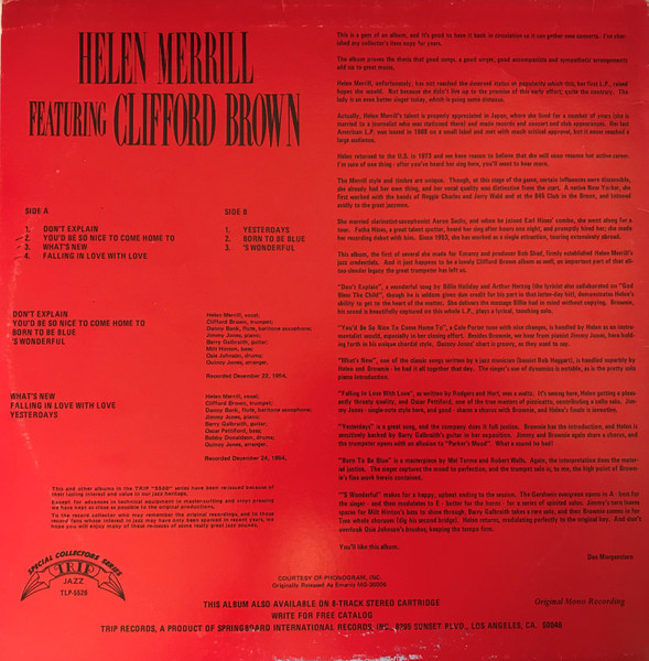 Helen Merrill Featuring Clifford Brown - Helen Merrill Featuring Clifford Brown (LP, Album, Mono, RE) (Near Mint (NM or M-)) - Image 2