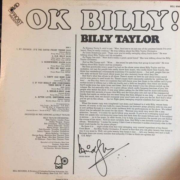 Billy Taylor - David Frost Presents OK Billy (LP) (Near Mint (NM or M-)) - Image 2