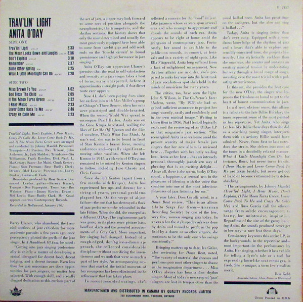 Anita O'Day - Trav'lin' Light (LP, Album, Mono) (Very Good Plus (VG+)) - Image 2