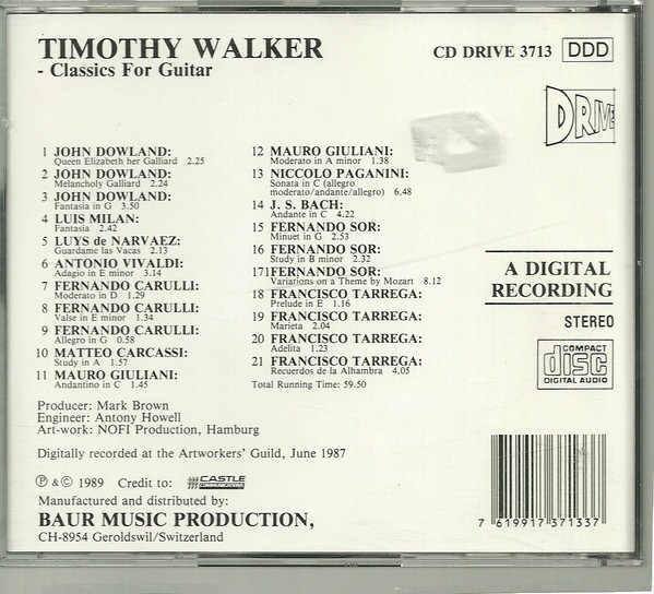 Dowland* / Milan* / Narvaez* / Carulli* / Carcassi* / Giuliani* / Sor* / Bach* / Tarrega* / Paganini* / Timothy Walker - Classics For Guitar (CD, Album) (Near Mint (NM or M-)) - Image 2