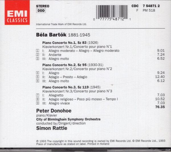 Bartók* - Peter Donohoe - City Of Birmingham Symphony Orchestra - Simon Rattle* - Piano Concertos • Klavierkonzerte • Concertos Pour Piano 1-2-3 (CD, Album) (Near Mint (NM or M-)) - Image 2