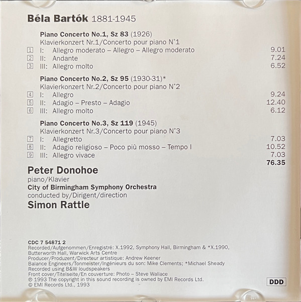 Bartók* - Peter Donohoe - City Of Birmingham Symphony Orchestra - Simon Rattle* - Piano Concertos • Klavierkonzerte • Concertos Pour Piano 1-2-3 (CD, Album) (Near Mint (NM or M-)) - Image 4