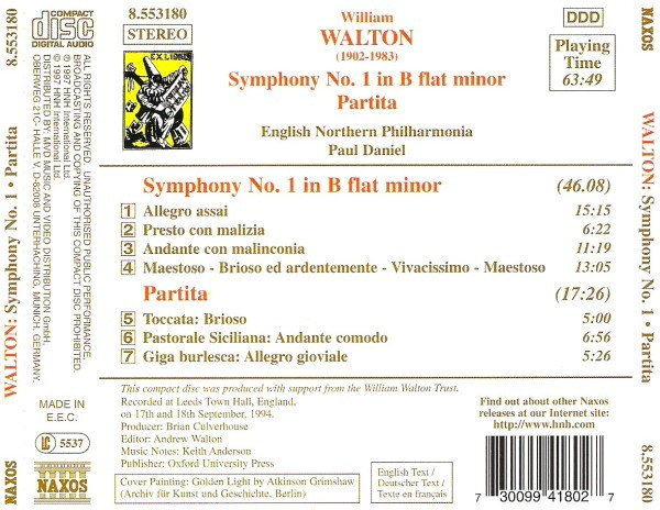 Walton*, English Northern Philharmonia, Paul Daniel - Symphony No. 1 / Partita (CD, Album) (Near Mint (NM or M-)) - Image 2