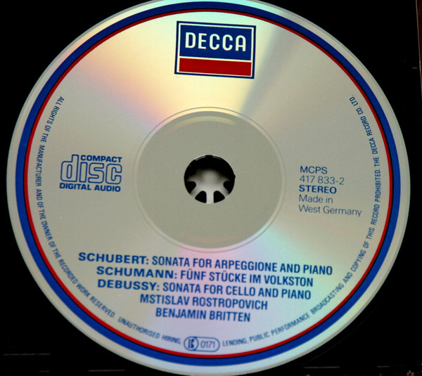 Schubert* / Schumann* / Debussy*, Mstislav Rostropovitch*, Benjamin Britten - 'Arpeggione' Sonata / Fünf Stücke Im Volkston / Cello Sonata (CD, Comp, RE, RM) (Near Mint (NM or M-)) - Image 3