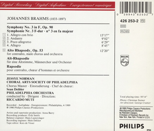 Brahms*, Jessye Norman, Philadelphia Orchestra*, Riccardo Muti - Symphony No. 3 / Alto Rhapsody (CD) (Near Mint (NM or M-)) - Image 2